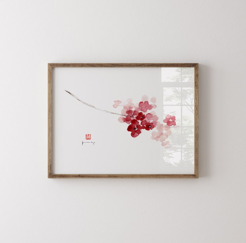 Fine art print of abstract watercolor painting cherry blossom hot pink flowers painting image 1
