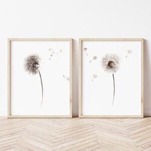 May include: Two framed prints of black and white watercolor dandelion illustrations. The dandelions are in various stages of seed dispersal. The prints are in simple wooden frames.