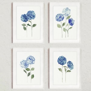 特大の花、モダンな青いアジサイ、アート作品 4 点セット、リビングルームの壁飾り、ミニマリストの花の絵画、水彩画アートプリント
