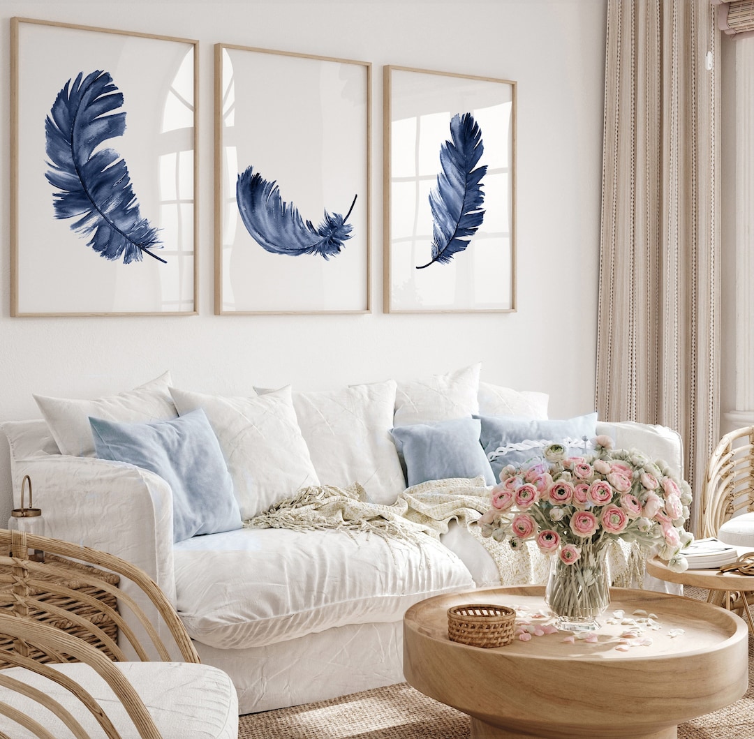 Feather Art, Navy Wall Decor, Blue Feather Set of 3 Etsy
