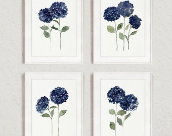 Hydrangea Art Print, Navy Blue Hydrangea Flower set of 4 Prints, Blue Hydrangea Flower Print Wall Art, Green Leaves Floral Wall Decor