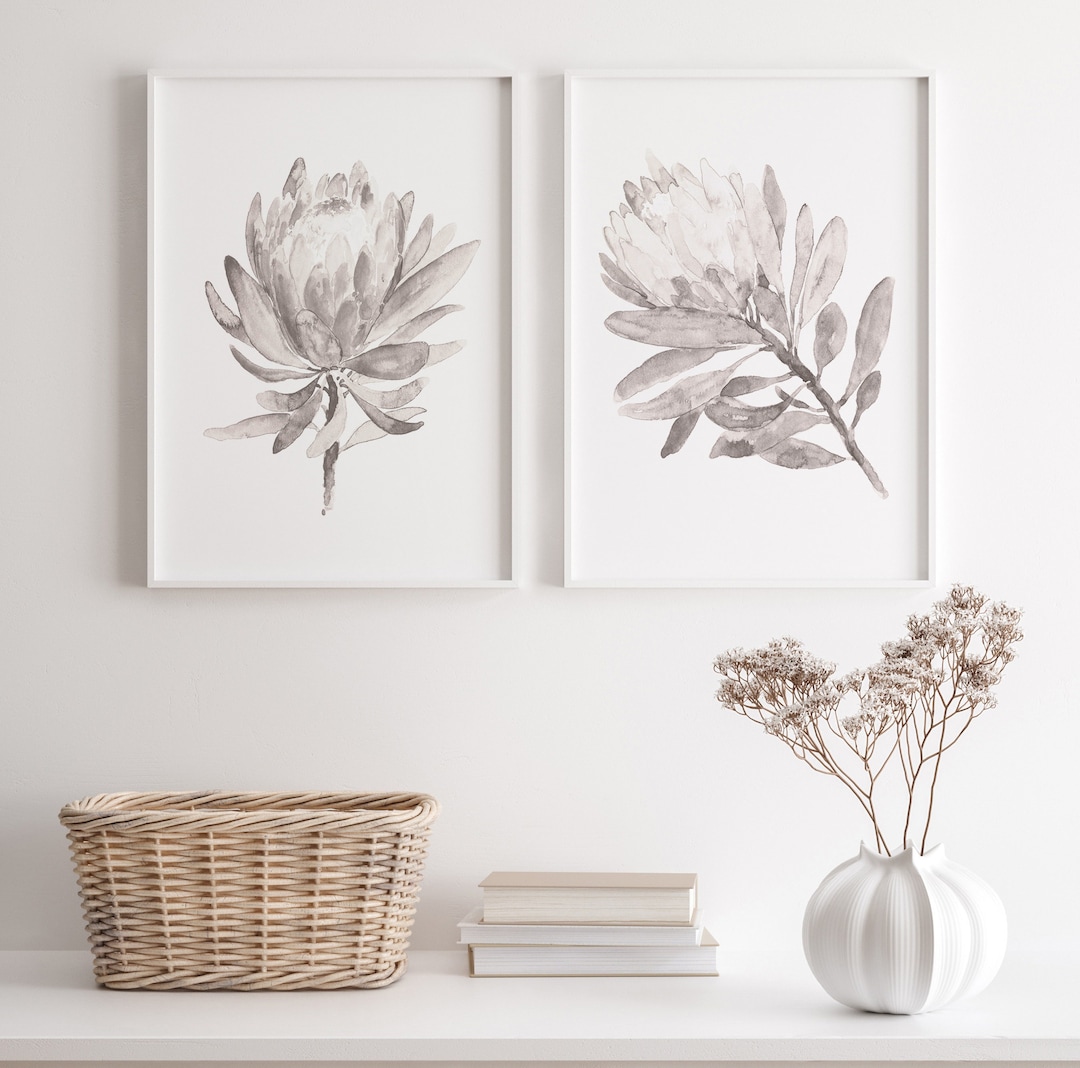 Protea Wall Art Taupe Flower Wall Decor Set of 2 Protea Etsy