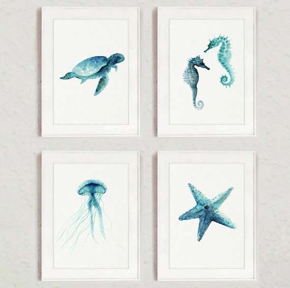 Set di stampe artistiche ad acquerello oceanico: tartaruga marina, cavalluccio marino, medusa, stella marina - Italia