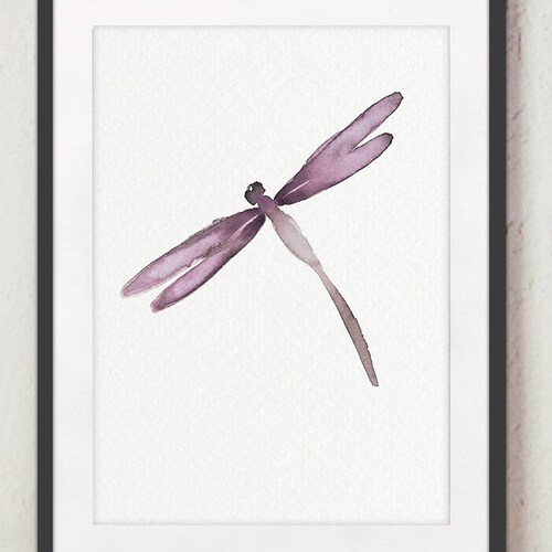 Dragonfly Purple Wall Art Abstract Watercolor Painting Etsy