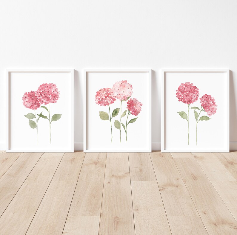 Hydrangea Wall Art, Pink Home Decor, Abstract Floral Poster, Set of 3 ...
