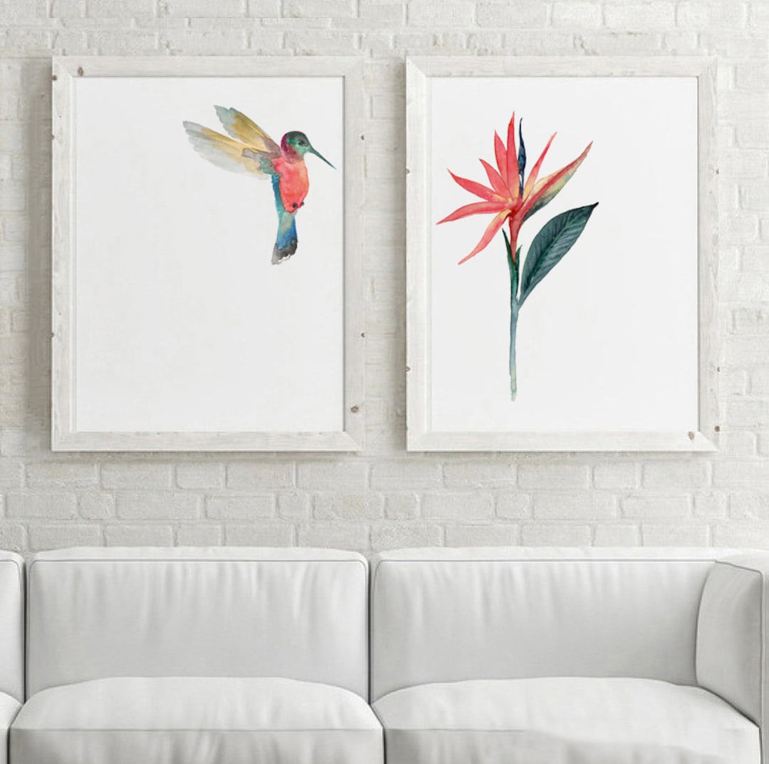 Hummingbird Art Print, Colorful Flower Bird of Paradise Set of 2 Prints,  Pink Blue Green Tropical Poster Living Room Gallery Wall Wall Art - Etsy