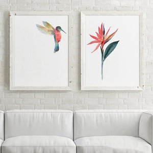 Stampa artistica di colibrì, set di 2 stampe di fiori colorati di uccelli del paradiso, poster tropicale rosa, blu e verde, soggiorno, galleria, parete artistica