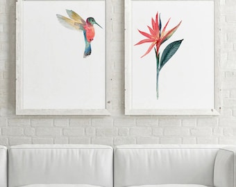 Hummingbird & Bird of Paradise Art Prints: Tropical Gallery Wall Set