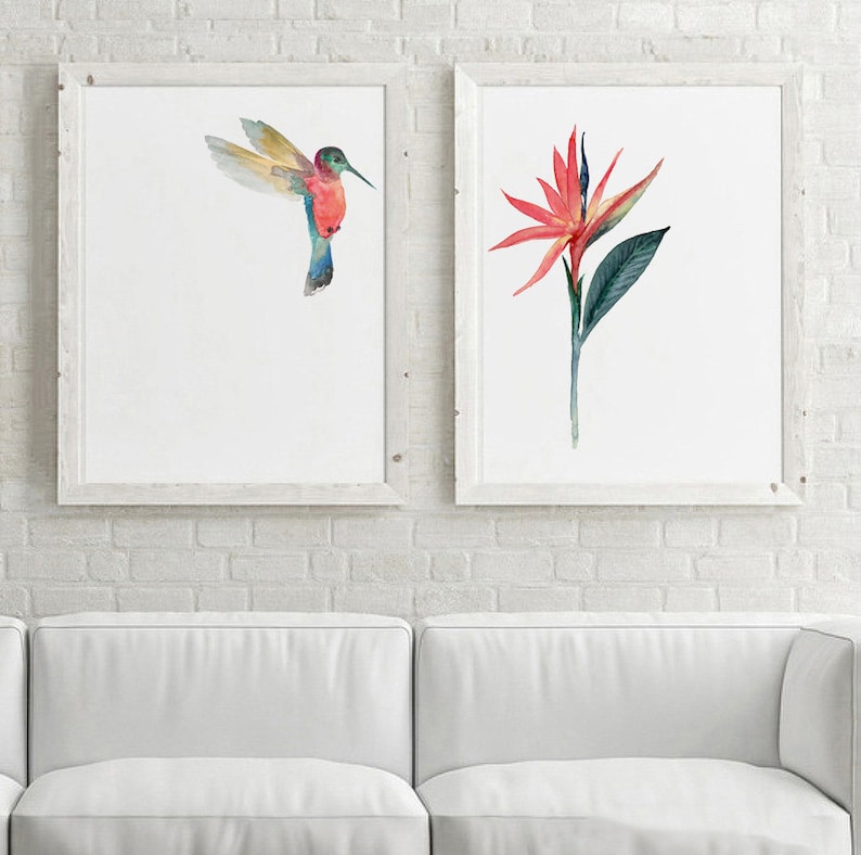 May include: Two framed watercolor paintings, one depicting a hummingbird in flight and the other a red bird of paradise flower.