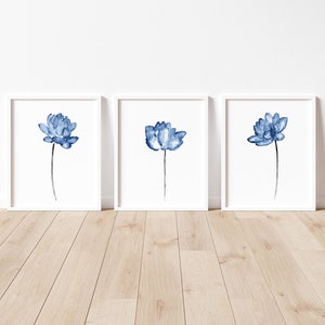 Lotus Painting, Blue Flower Watercolor, Minimalist Wall Decor, Modern Wall Art Abstract Painting Living Room Botanical Art Print set of 3 image 2