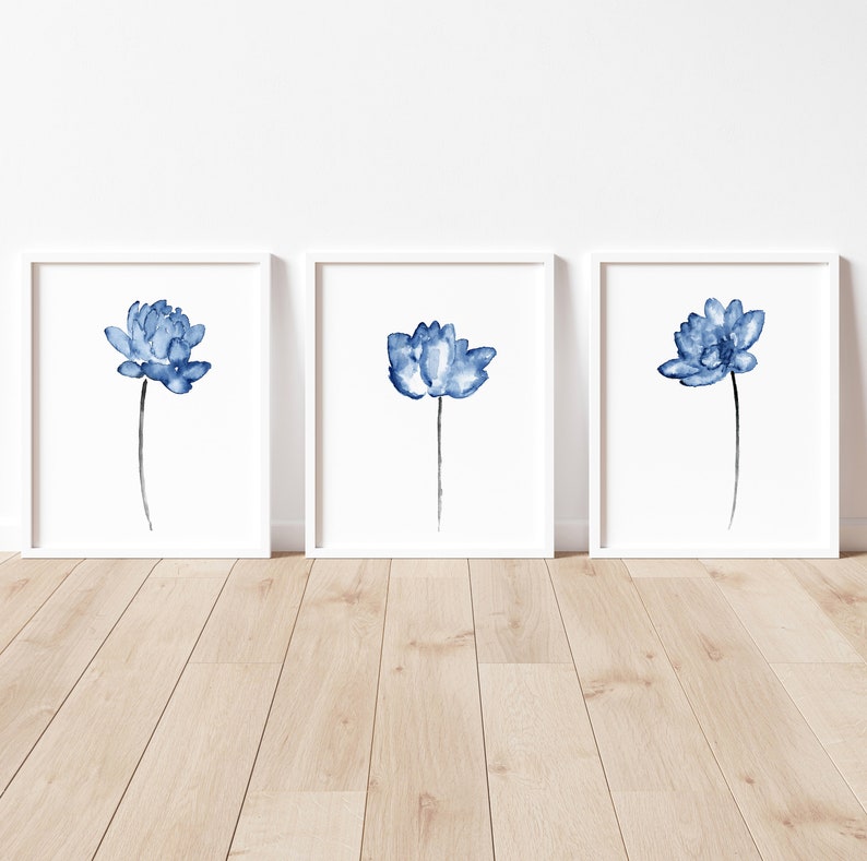 Lotus Painting, Blue Flower Watercolor, Minimalist Wall Decor, Modern Wall Art Abstract Painting Living Room Botanical Art Print set of 3 image 2