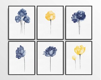 Peony Watercolor, Blue & Yellow Wall Art, Abstract Flower Painting, Minimalist Abstract Poster, Extra Large set of 6 Artworks, Navy Print