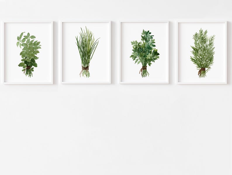 Herb Wall Art Set of 4, Watercolor Herb Prints, Kitchen Botanical ...