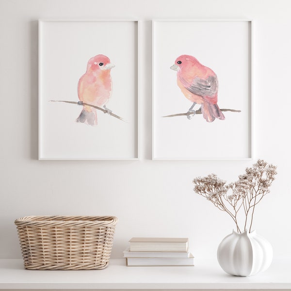 Art mural roselin pourpré, décoration de chambre d'enfant, rose blush pâle gris pêche cadeaux, oiseau d'Amérique du Nord, lot de 2, peinture de chambre de bébé fille