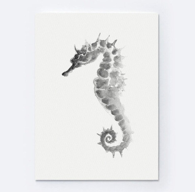 Seahorse Painting Ocean Illustration Black White Nautical Art Etsy