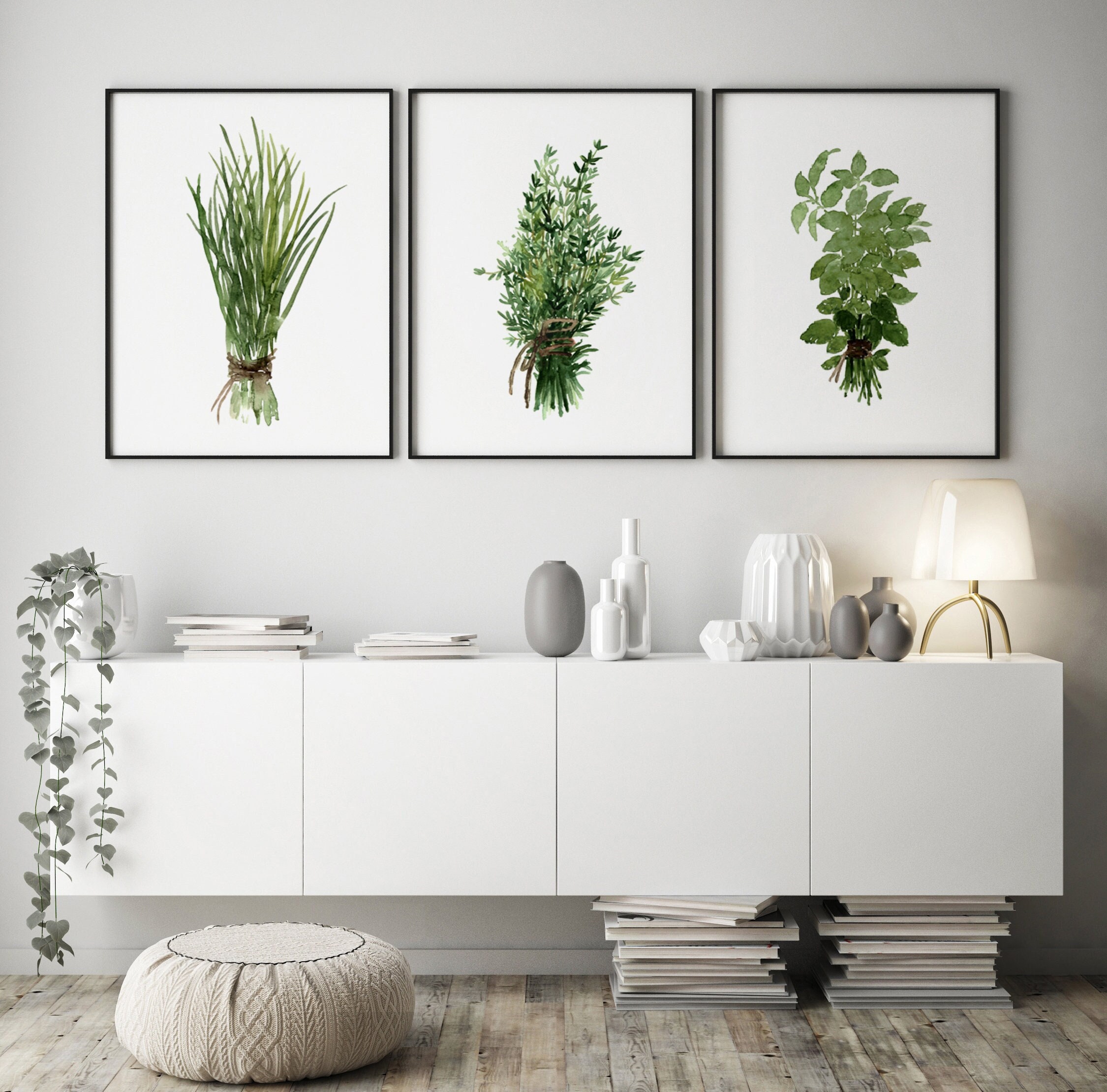 Herbs Bundle Thyme Basil Chive Set 3 Herb Art Prints Green Kitchen Wall ...