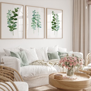 May include: Three framed watercolor prints of eucalyptus branches with green leaves on a white wall above a white couch with green throw pillows and a wooden coffee table with a vase of pink flowers.