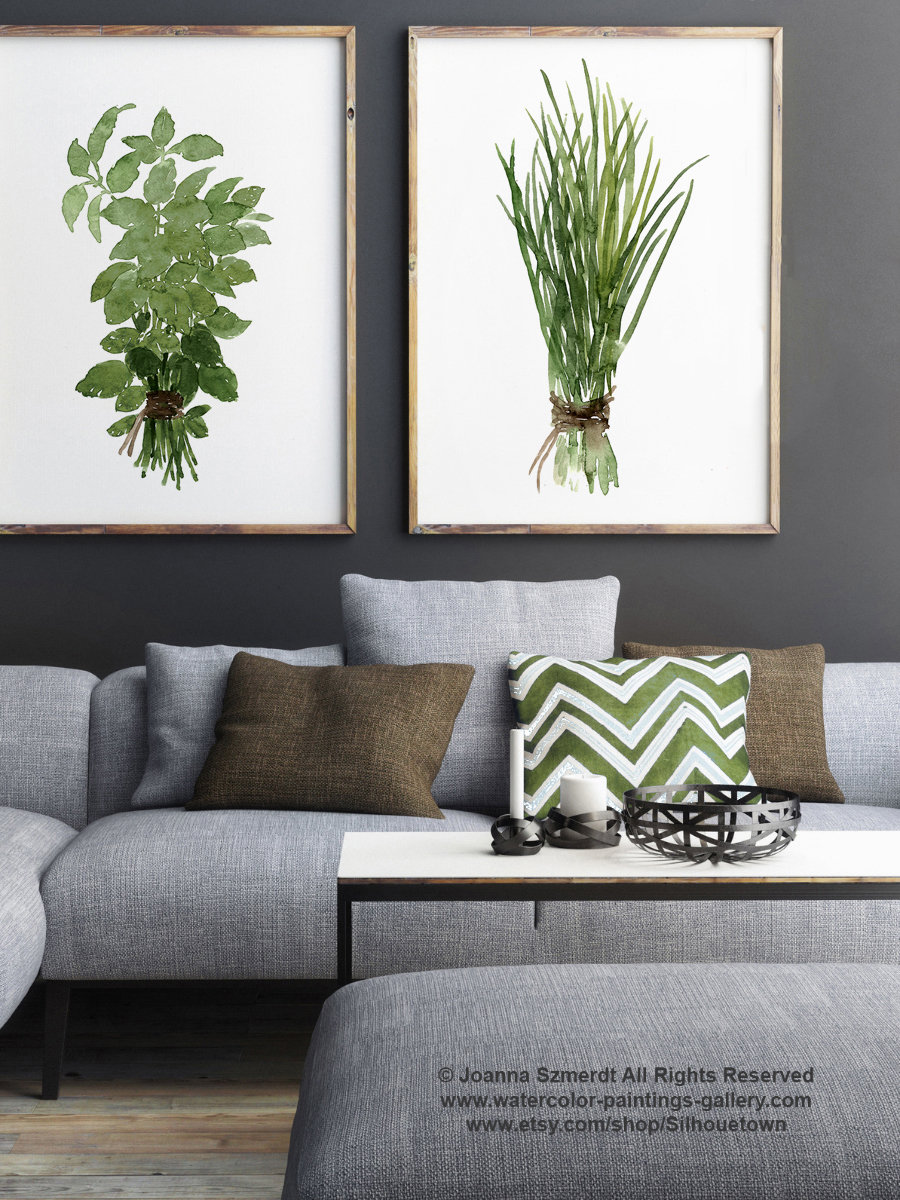 Basil Chive Herbs Bundle Greenery Herb Art Print Kitchen Wall Decor ...