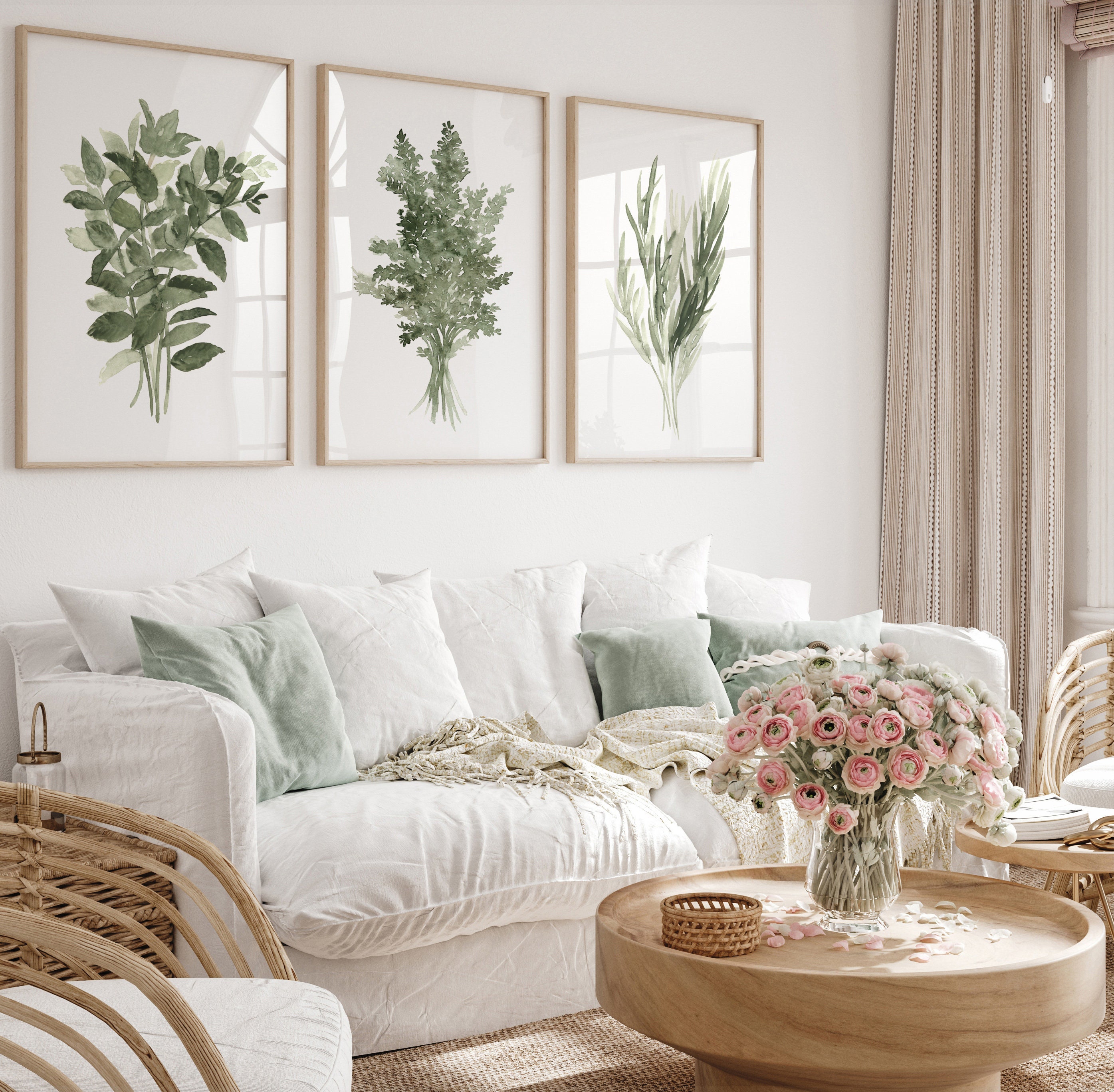 Curated visual reference: Minimalist Green Wall Design Reference: Minimalist Painting Green Wall Decor Extra Large Herb Artwork Set