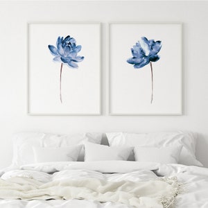 Lotus Print Wall Art, Lotus Set of 2 Flowers, Blue Print Painting, Water Flower Canvas Art Print Watercolor Painting image 6