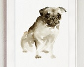 Pug Dog wall art, Watercolor painting, Brown dog portrait, Pet wall decor, Abstract Animal poster