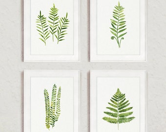 Fern Wall Decor, Extra Large Modern Poster, Minimalist Home Decor, Green Botanical Painting set of 4