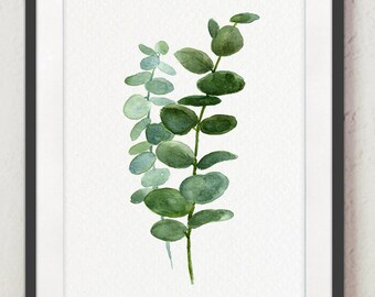 Silver Dollar Eucalyptus Leaves Green Blue Leaf Watercolor Painting, Botanical Kitchen Illustration Wall Poster Living Room Plant Decoration