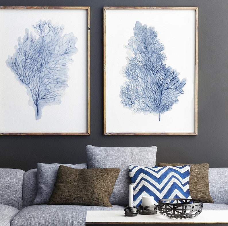 Navy Blue Seaweed Set of 2 Coral Art Prints Coral Watercolor Etsy