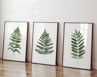 Fern Wall Art, Green Art Print, Fern Watercolor Painting, Leaf Botanical Art, Abstract Prints set of 3, Living Room Wall Decor