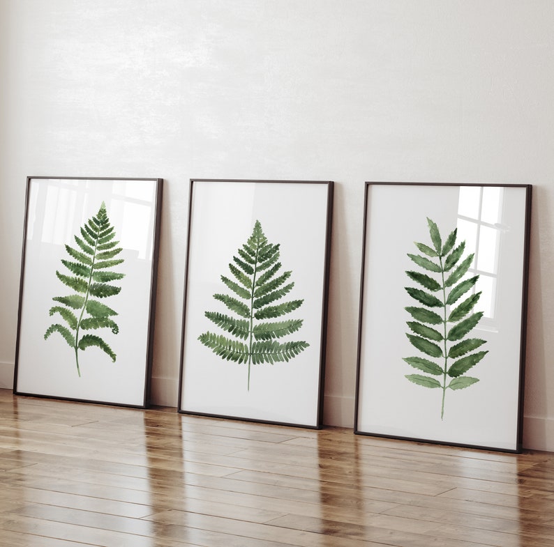 Fern Wall Art, Green Art Print, Fern Watercolor Painting, Leaf Botanical Art, Abstract Prints set of 3, Living Room Wall Decor image 1