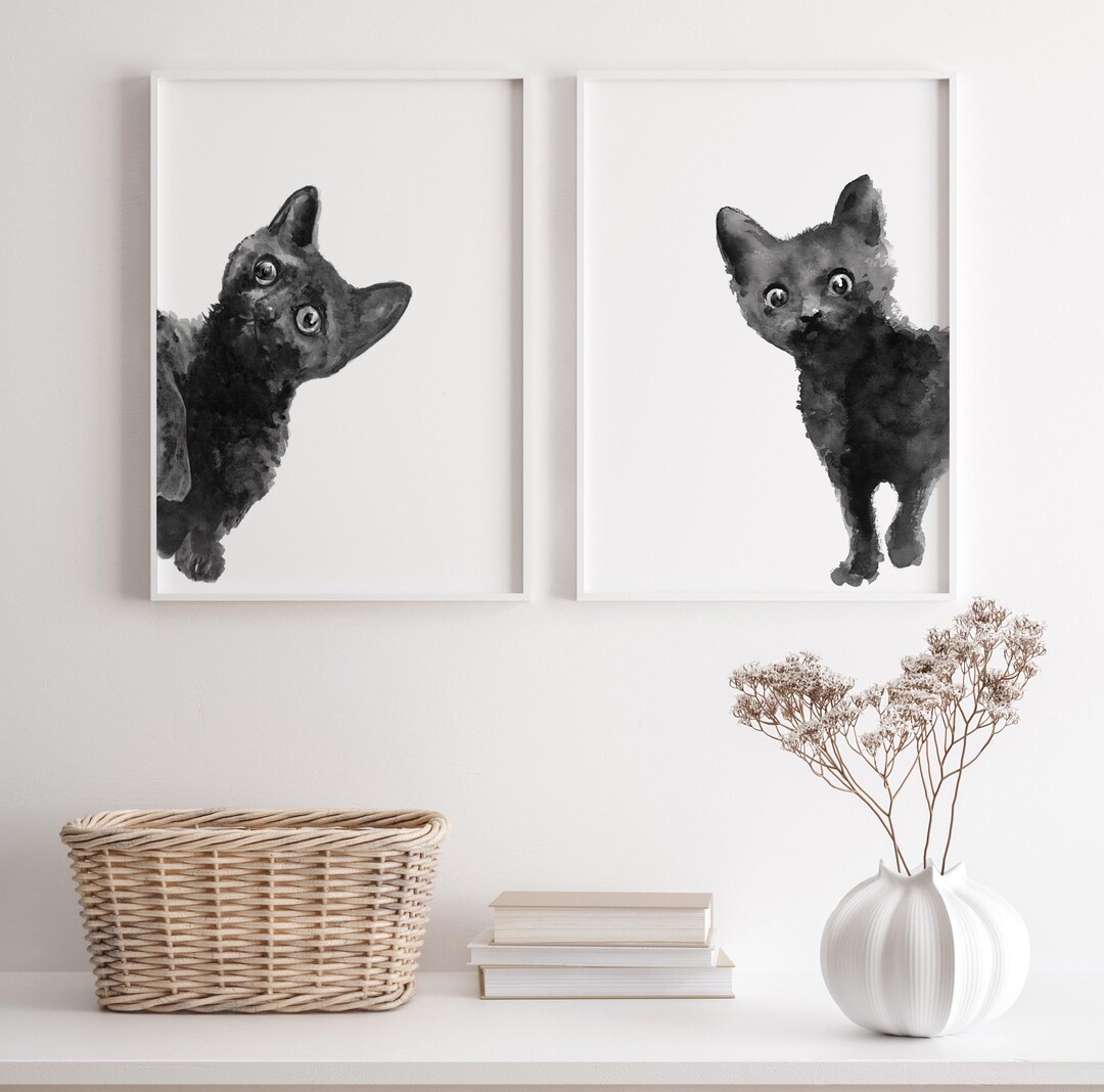 peeking black cat poster, cute cat print, home decor,... Black Cat Peeking Print Set – 2 Panel Whimsical Watercolor, Playful ...