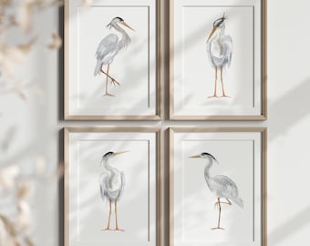 Heron Wall Art, Heron Painting, Heron Art, White Great Heron set of 4 Birds, Egret Watercolor Lake Bird Print, Bird Art Print