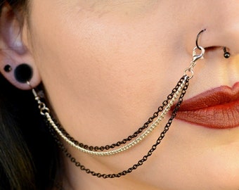 Black & Silver Stainless Steel Nose / Lip To Ear Chain (Triple)