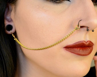 Gold Stainless Steel Nose / Lip To Ear Chain (Single)