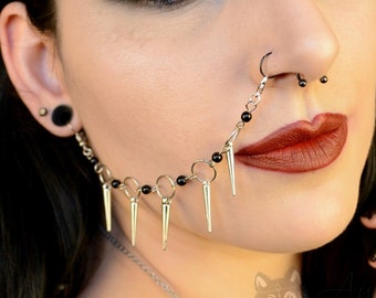 Epic Spiked & Beaded Stainless Steel Nose / Lip To Ear Chain