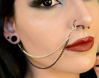 Silver & Black Stainless Steel Nose / Lip To Ear Chain (Double)