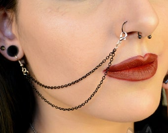 Black Stainless Steel Nose / Lip To Ear Chain (Double)