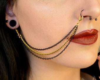 Black & Gold Stainless Steel Nose / Lip To Ear Chain (Triple)