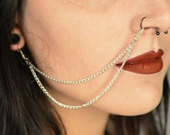 Silver Stainless Steel Nose / Lip To Ear Chain (Double)