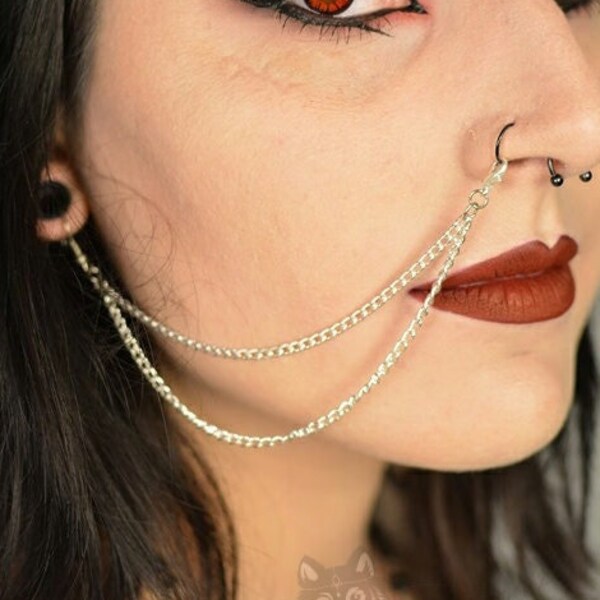 Silver Stainless Steel Nose / Lip To Ear Chain (Double)