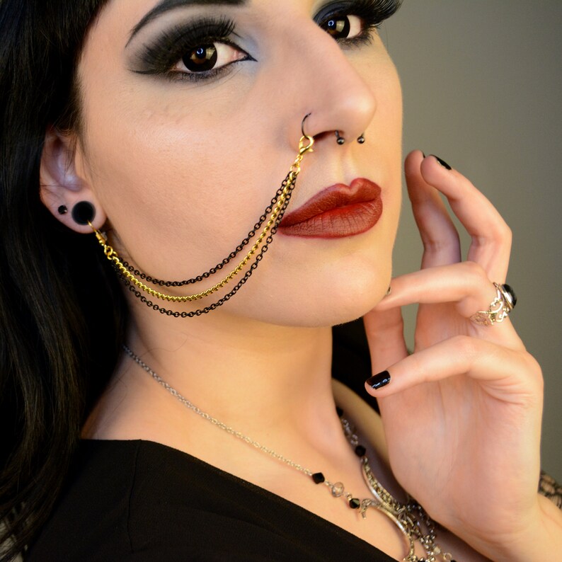 Triple Black /& Gold Nose Lip To Ear Chain