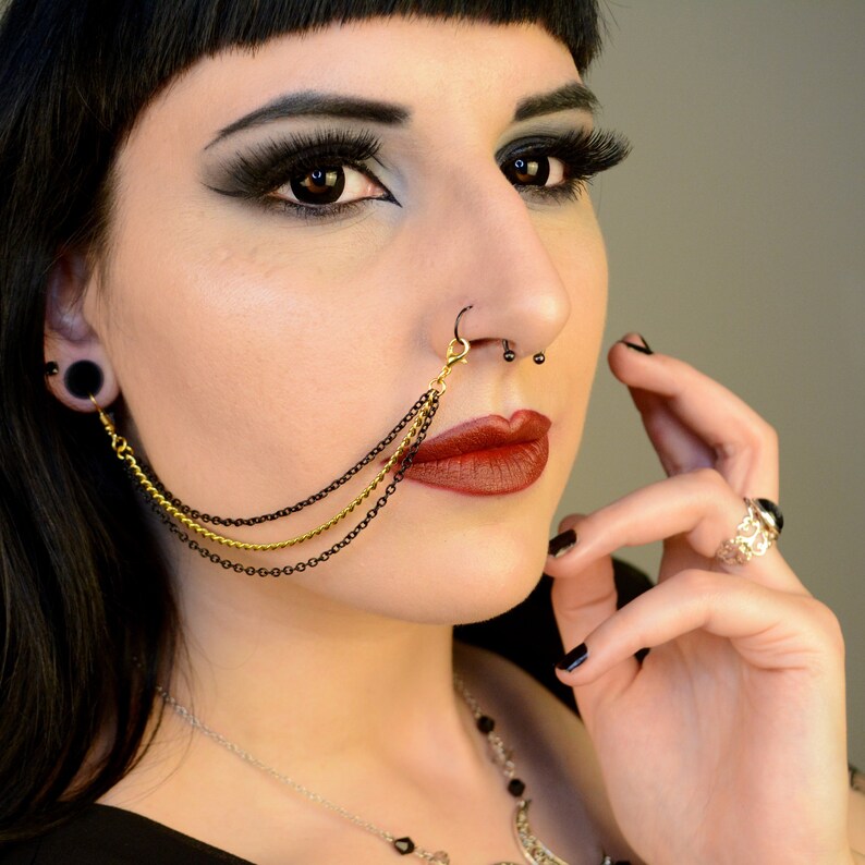 Triple Black /& Gold Nose Lip To Ear Chain