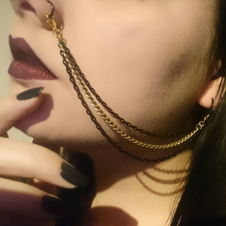 Triple Black /& Gold Nose Lip To Ear Chain