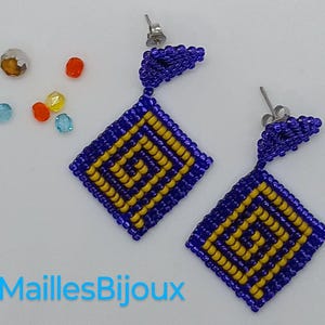 Boucles d'oreilles pour oreilles perçées. Boucles tissées main en perles MIYUKI , coloris violet et jaune .