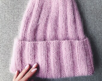 Hand Knit Angora Hat, 80% Angora Beanie, Fluffy Hat, Gray Wool Beanie, Angora Wool Hat, Fluffy Angora Hat, Winter Hat, Gray Knit Cap