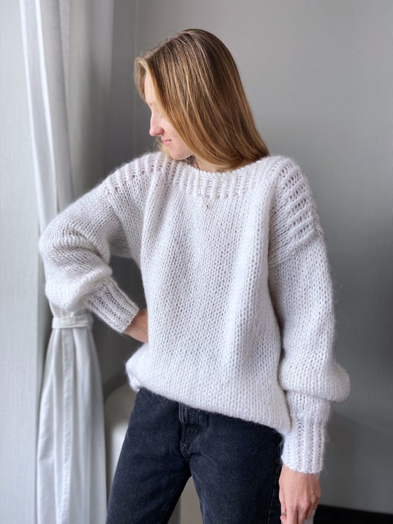 Mohair Hand Knit Sweater White Knitted 