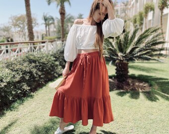 Perfect for summer Italian skirt,Flexible Waistband,  terracotta color 25.41., 100 % organic cotton muslin