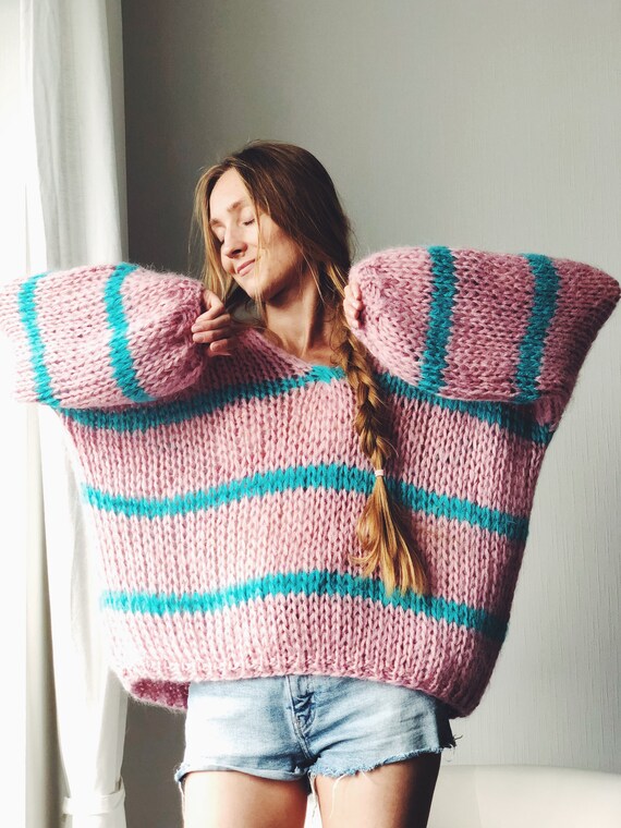 BYYAWorld Hand Knit Cashmere Oversize Sweater, Mohair Sweater with A Balloon Sleeve, Sweaters, Striped Pattern