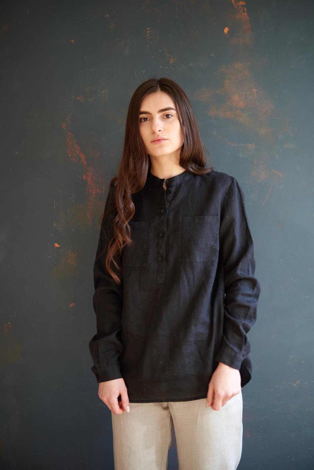 Black Linen Shirt Women Black Linen Blouse Organic Linen Etsy