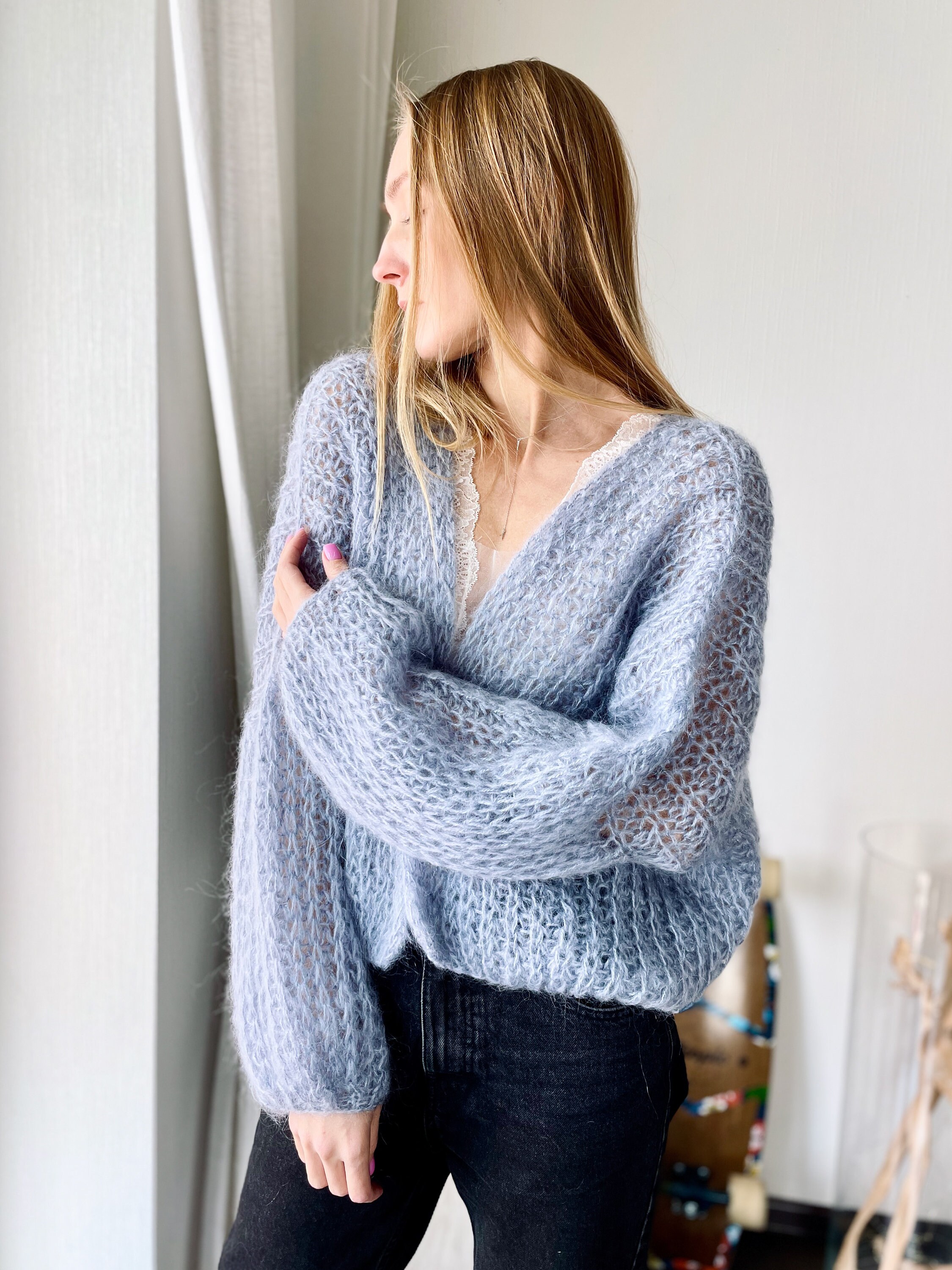 Wedding Cardigan Hand Knit Blue Grey 21 